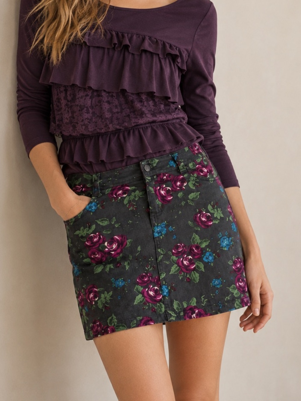 I Love H81 Gray Purple Floral Mini Jean Skirt Size 25